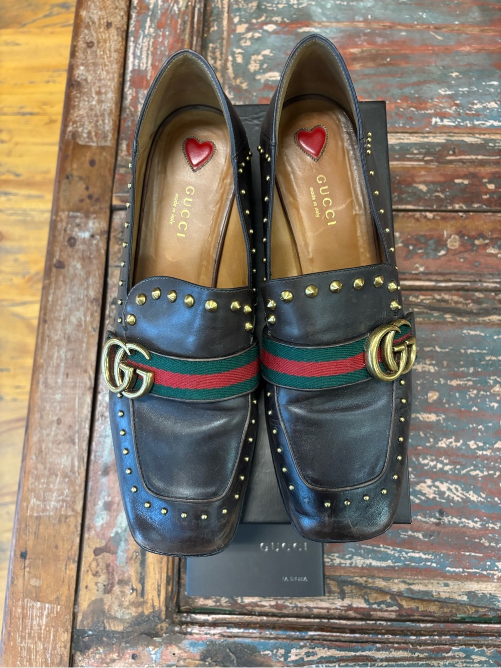Gucci Brown Leather Woman’s Studded Loafers with Red & Green & Gold GG with box